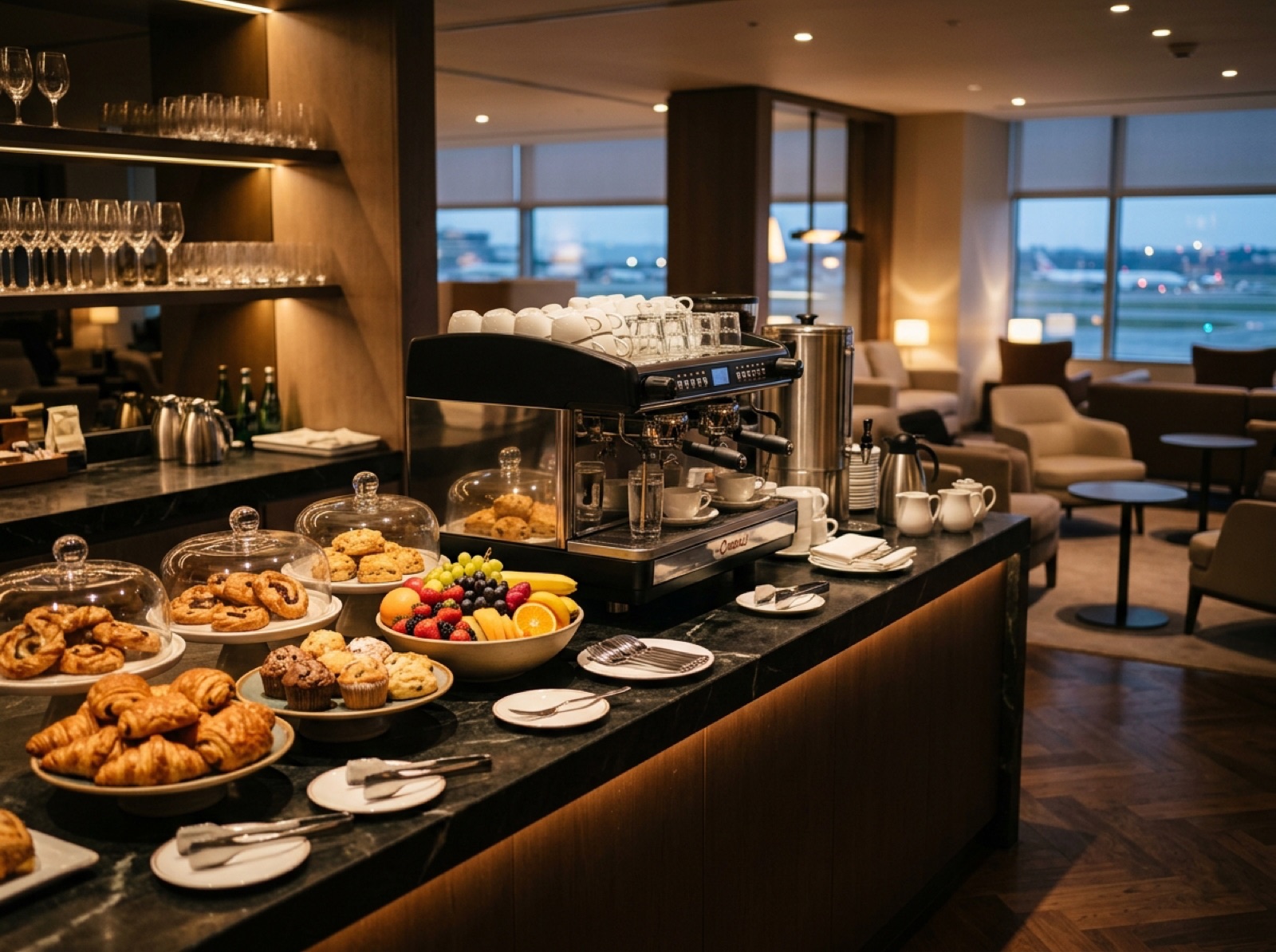 Lounge buffet with coffee, pastries and fruit