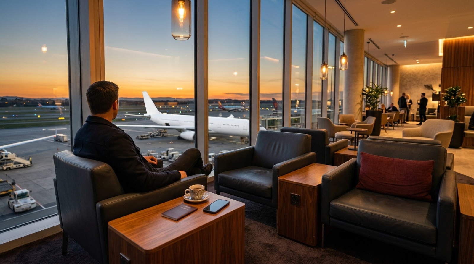 Airport lounge seating with a runway view