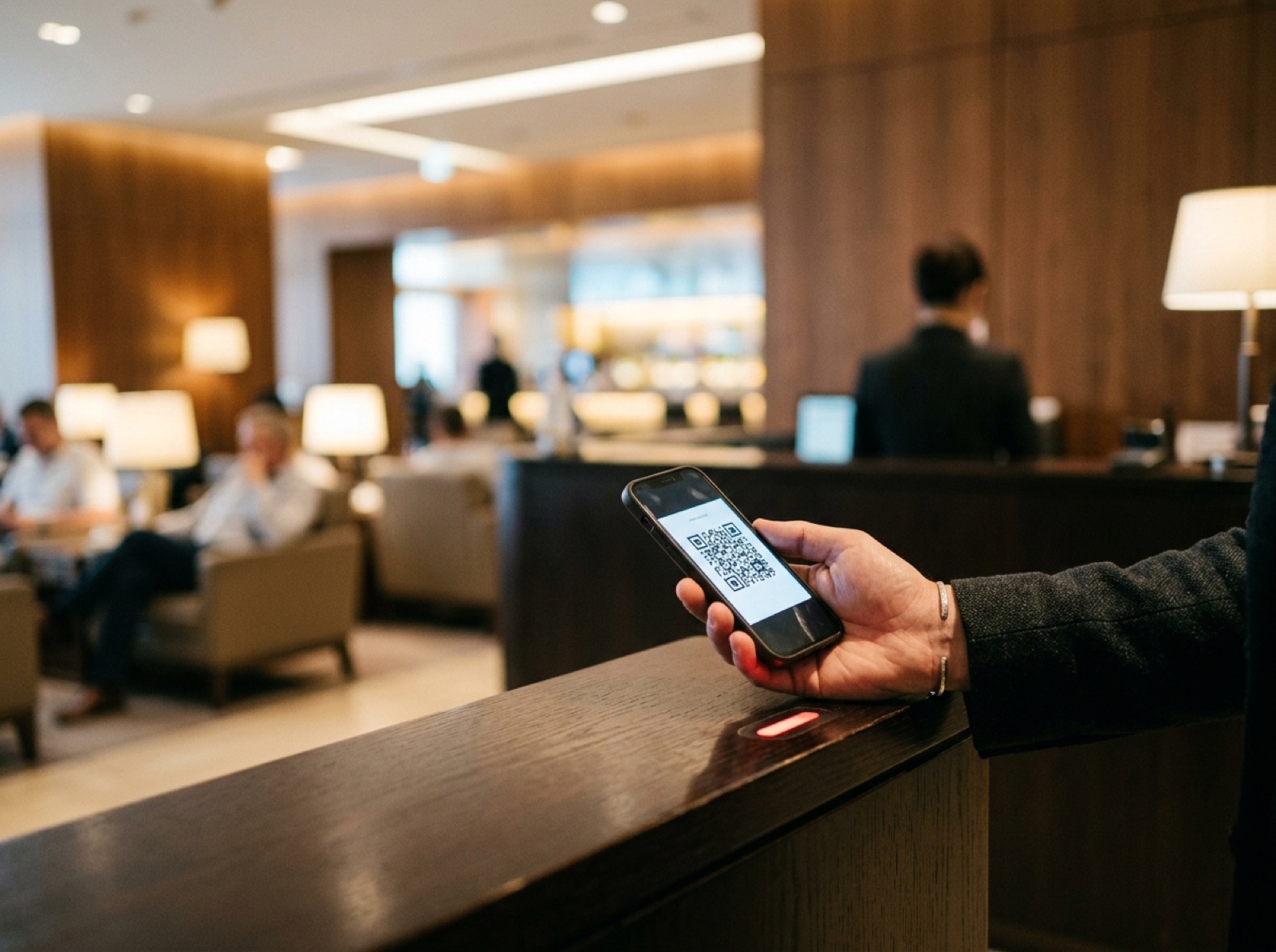 QR pass shown on a phone at the lounge desk