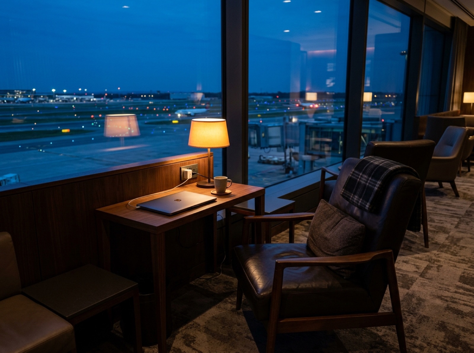 Lounge work desk with a runway view